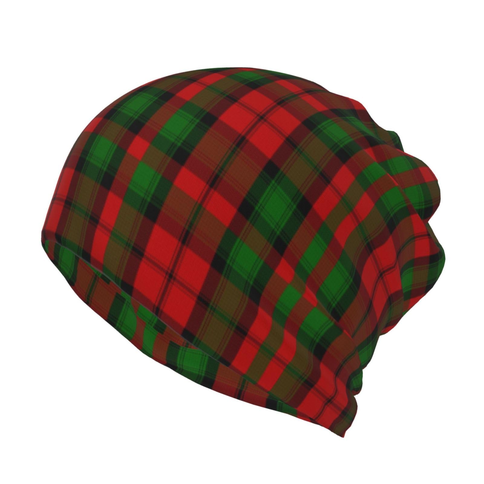 Beanie Hat,Neck Gaiter Knitted Hat Face Mask Scarf Balaclava Slouchy Running Hat,Red and Green Clan Kerr Tartan Plaid