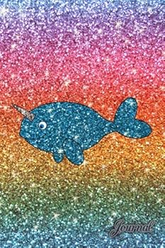 Journal: Faux rainbow glitter blue glitter narwhal notebook