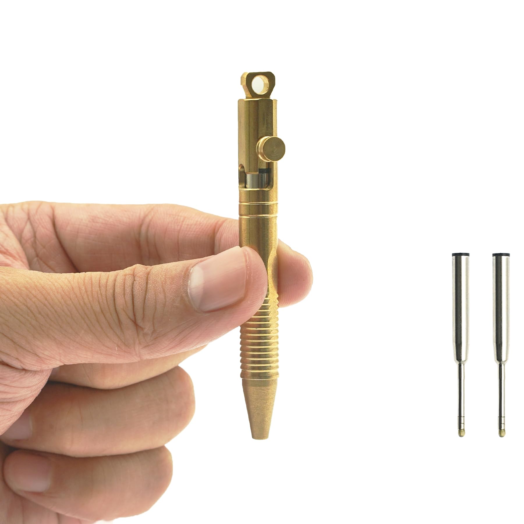 YEEMO Mini Brass Bolt Action Pen with Quick-Release Keychain, Handmade EDC Pocket Pen, 76 mm with 2 Replacement Refills & Gift Box (QR Brass)