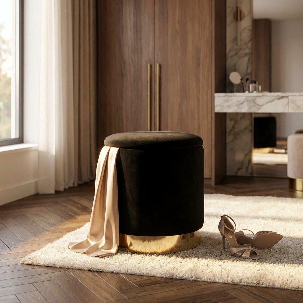 milani home - pouf contenitore rotondo, velluto, seduta contenitore poggiapiedi, nero, 37 x 37 x 40 cm