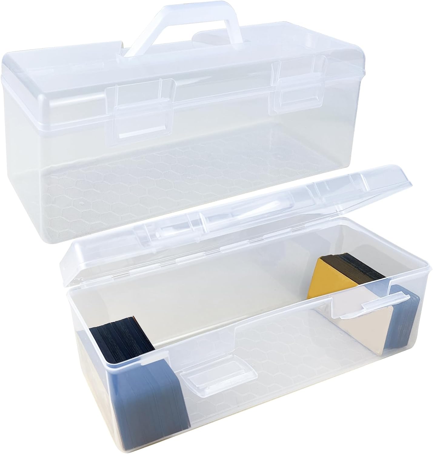 iokuki toploader & standard card storage box with handle - holds 200 toploader cards or 750 regular cards | durable plastic organizer case for tcg/ccg, mtg, collectible trading cards - 2 pcs 2 pcs clear
