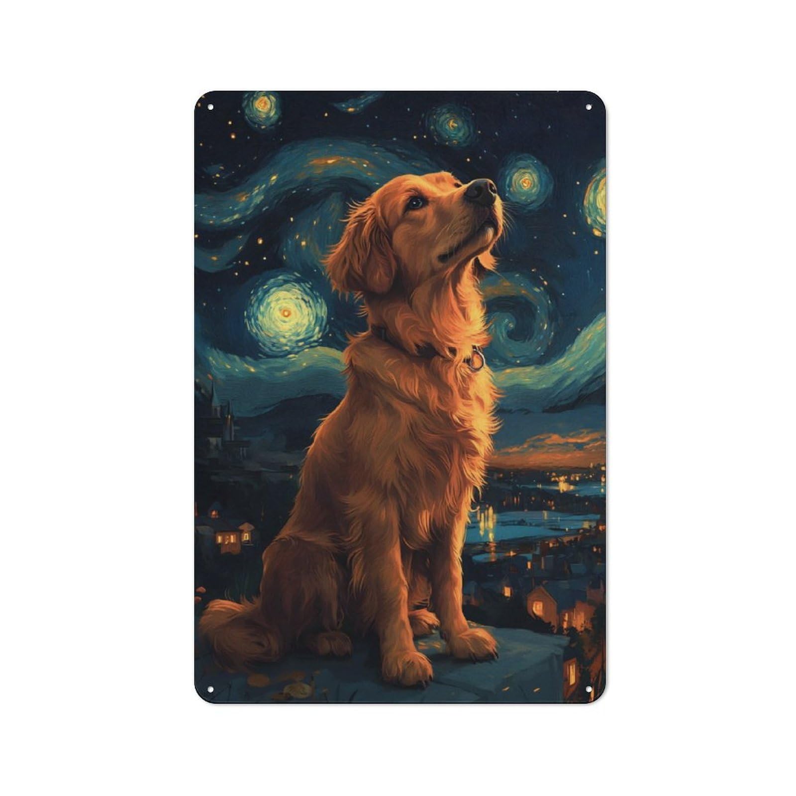 Junmoney Dog And Starry Night Workshop Style Tin Sign 30X20cm, Garage Wall Decor For Tool Room, Garage, Studio Or Home Bar