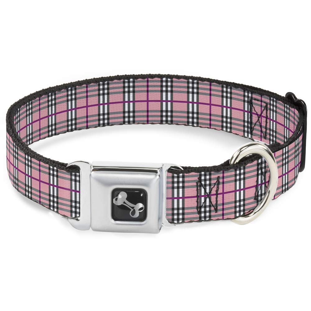 Buckle-Down Seatbelt Buckle Dog Collar - Plaid Pink - 1" Wide - Fits 11-17" Neck - Medium