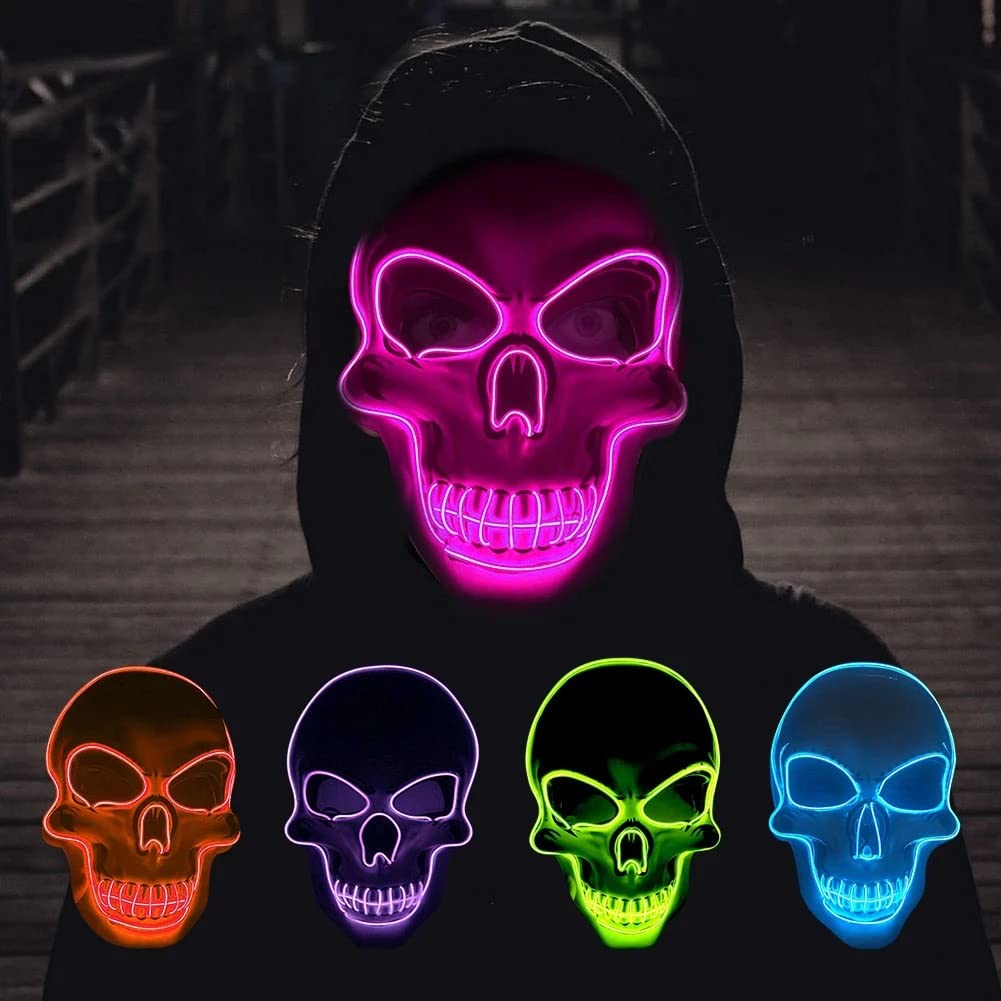 LED Skeleton Mask with EL Wire Scary Light Up Halloween Mask with 3 Flashing Modes Glow in the