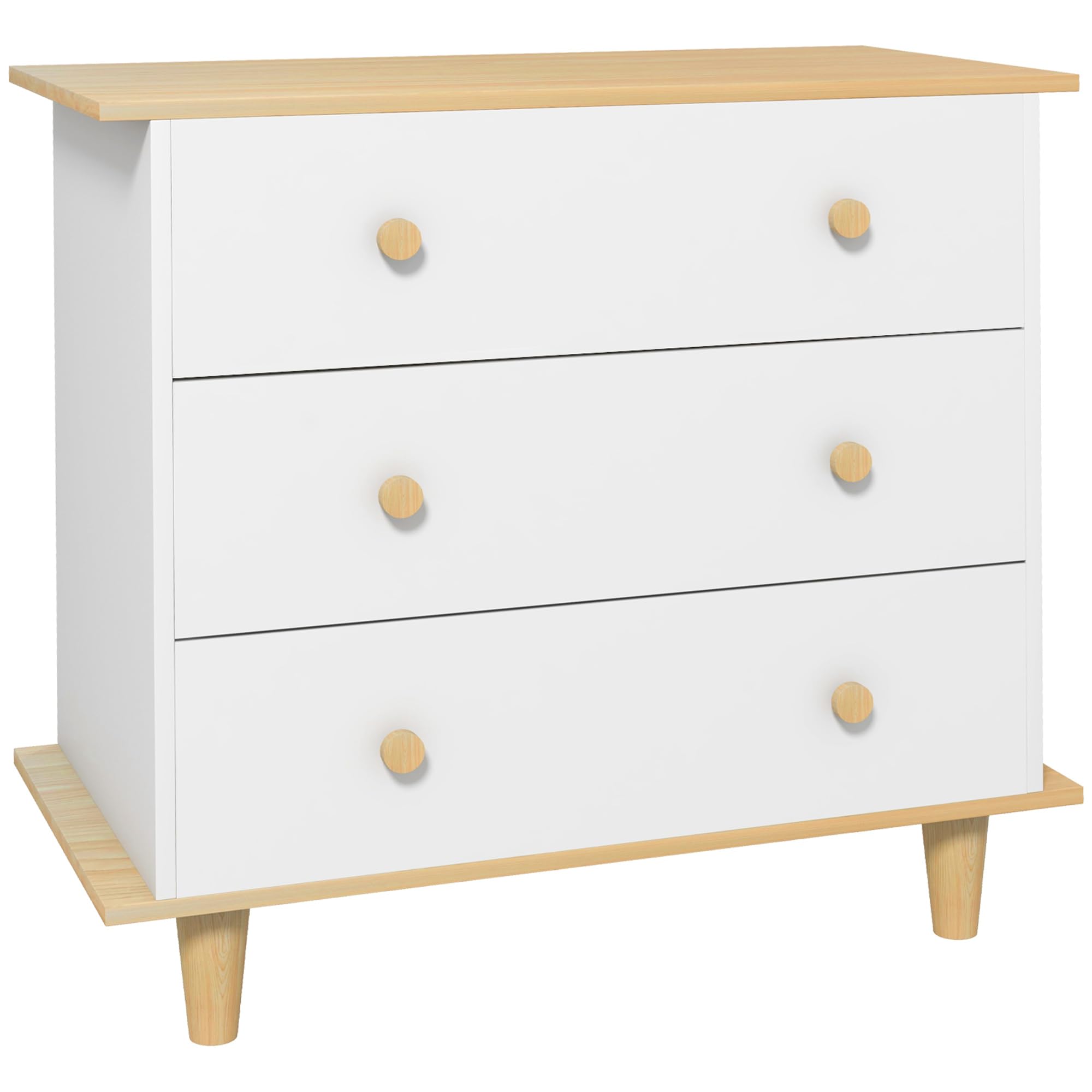 ZONEKIZ Cajonera Infantil +3 Años con 3 Cajones Cómoda Auxiliar con Patas de Madera Almacenaje de Juguetes Ropas Libros para Habitación de Niños 80x40x75 cm Blanco y Natural