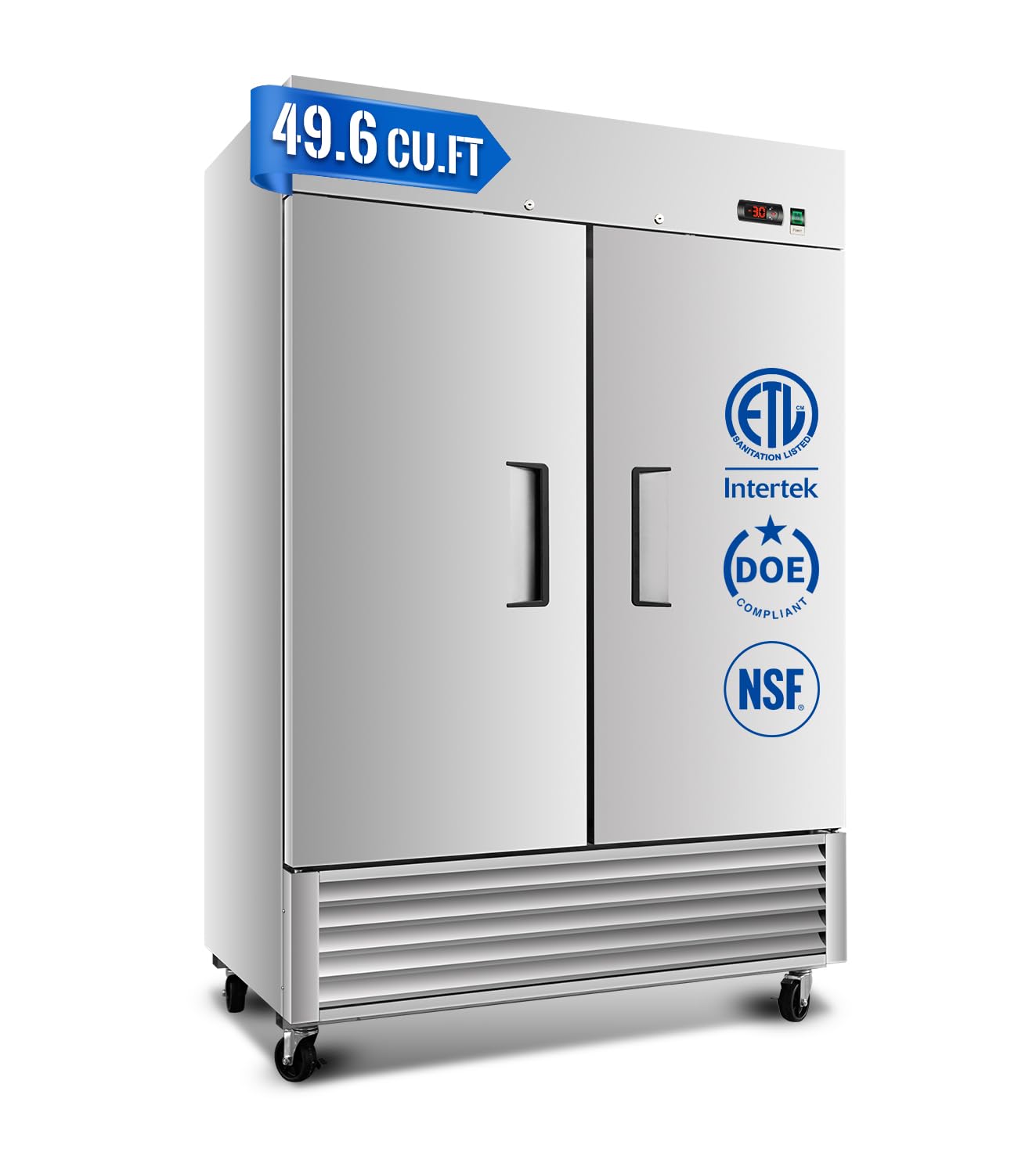 54" W Commercial Refrigerator, 49.6 Cu.ft Reach-In Double Door Stainless Steel commercial fridge, 6 Shelves, Fan Cooling, Auto Defrost, Digital