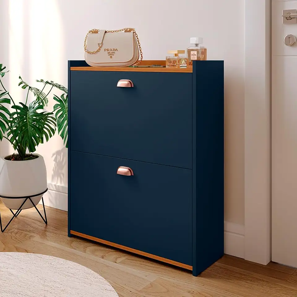 Sapateira Vertical Estreita Porta Entrada 2 Gavetas Basculante Organizador Calçados Quarto Hall - Azul/Cedro