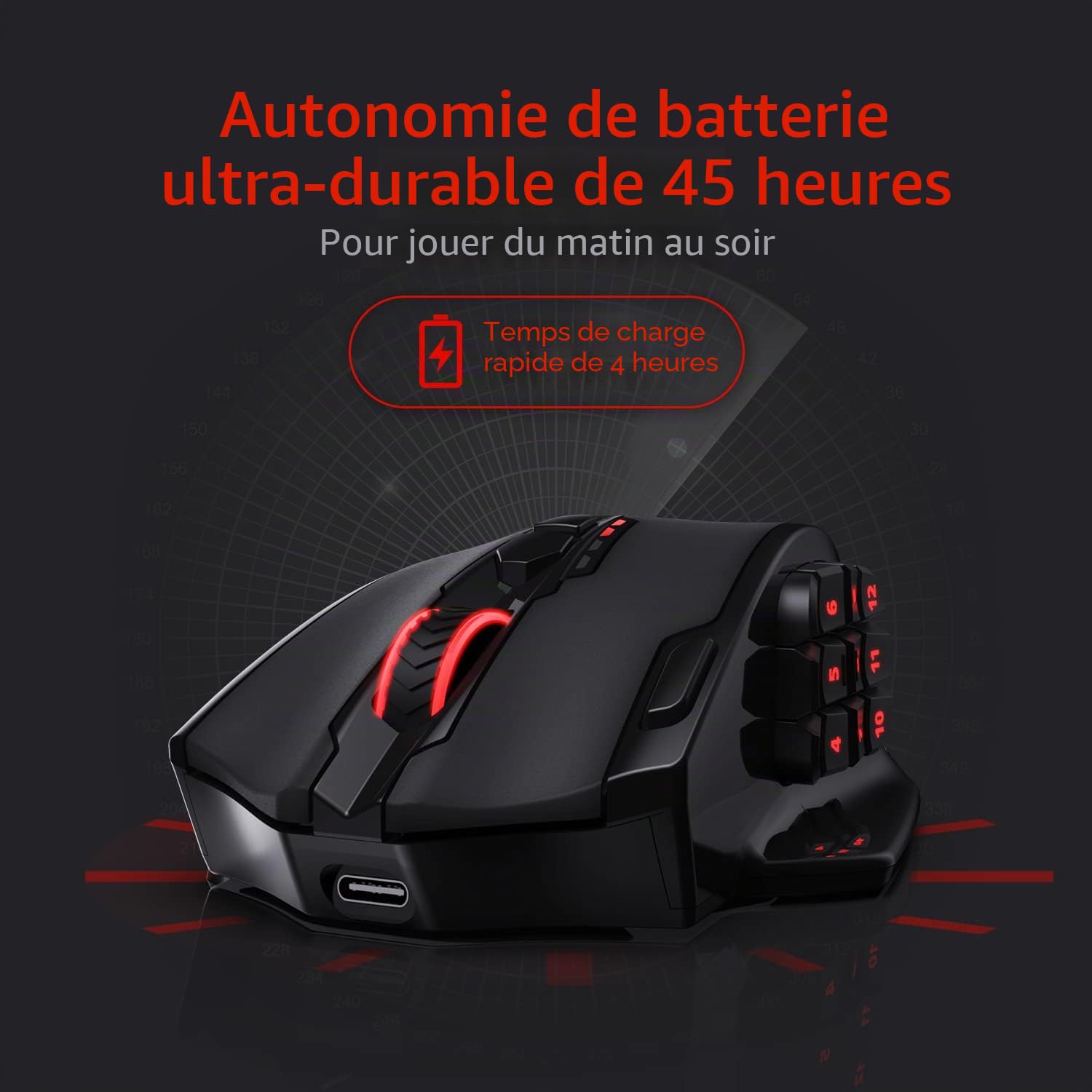Redragon M913 Impact Elite Souris de Jeu sans Fil 16 000 DPI avec 16 Boutons programmables, 45 Heures de Fonctionnement sur Batterie et capteur Optique Pro, 12 Boutons latéraux