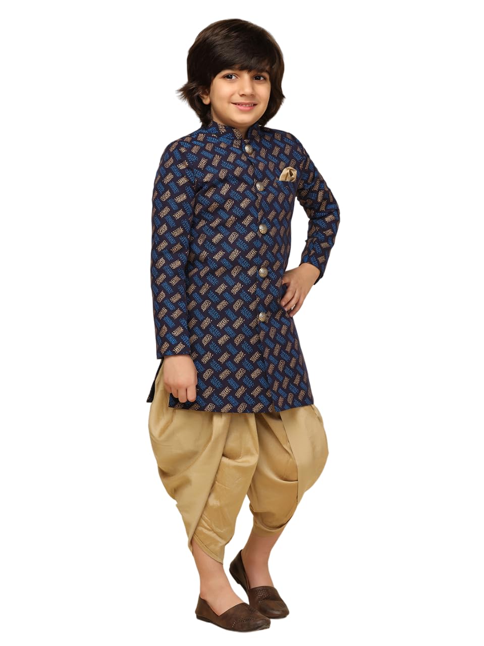 Kisah Boy's Ethnic Wear Cotton Regular Fit Blue Indo-Western Sherwani Dhoti Set (7-8Y)
