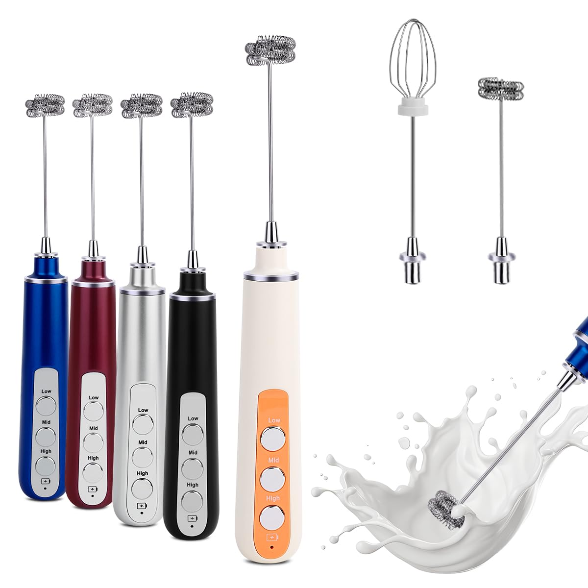 Electric Coffee Milk frother, Handheld Milk frother, USB Rechargeable, 1 Milk Frothing Head, 1 Stirring Head, Suitable for Matcha, Coffee, Latte, Cappuccino, hot Chocolate (Milky White)