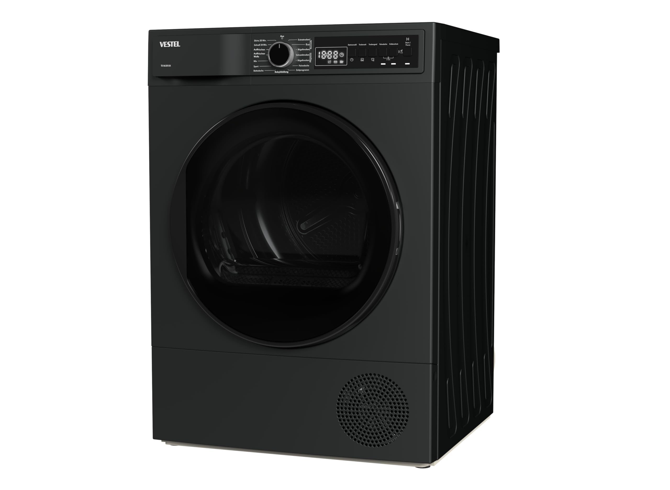 VESTEL TD 86301 DX Wärmepumpe Frontlader, 8 kg, 15 Programme, 20 Min. Schnellprogramm, Knitterschutz, PearlDrum-Schontrommel, Dark Inox
