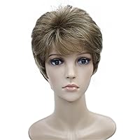 Vista 9 de Wiginway Peluca corta con flequillo oblicuo natural Yaki recta sintética para mujer, pelucas de color castaño oscuro, fibra natural resistente al