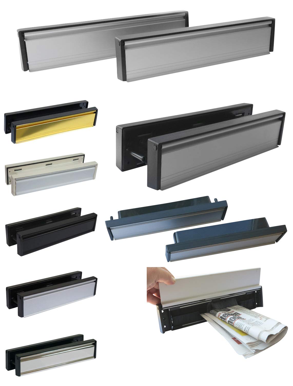 Briefeinwurf mit Schacht + mit Bürste-Aluminium und poliert-305 x 65 mm-Briefeinwurf-Briefklappe-Briefschlitz (Alu. schwarz-Kanten schwarz)