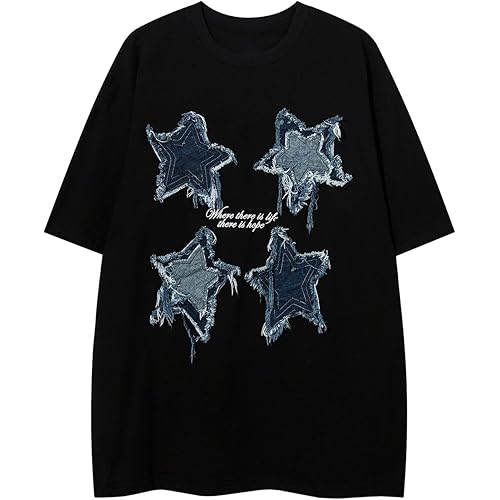 Men's Oversized Graphic Tee Star Patch Unisex Vintage Letter Casual Streetwear Y2K Couple Summer Tshirt