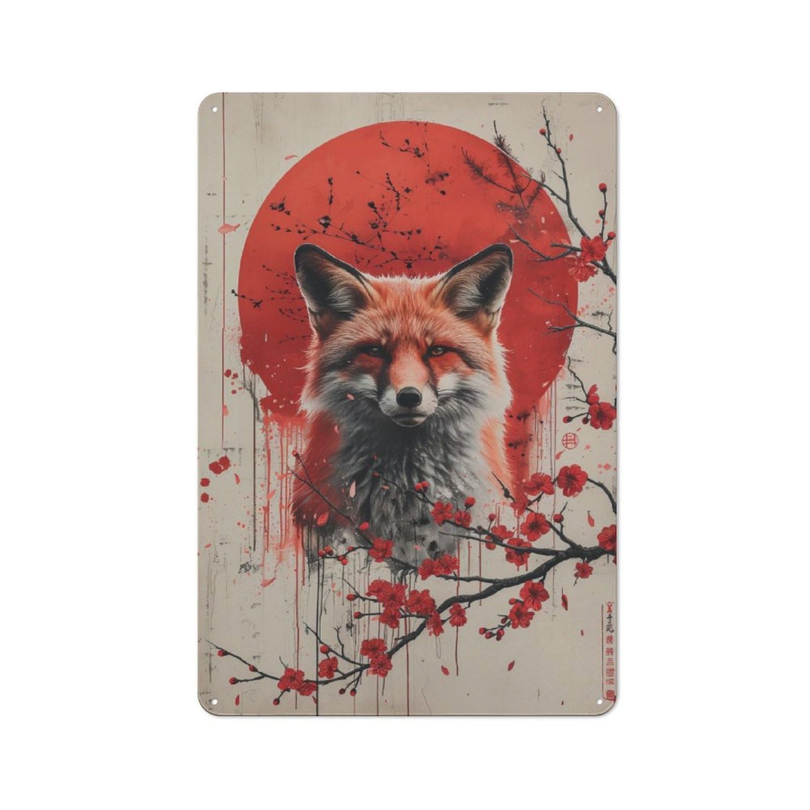Junmoney Red Fox And Cherry Blossoms Printed Metal Sign 30X20cm For Living Room Or Hallway, For Home Wall Decor Collectors