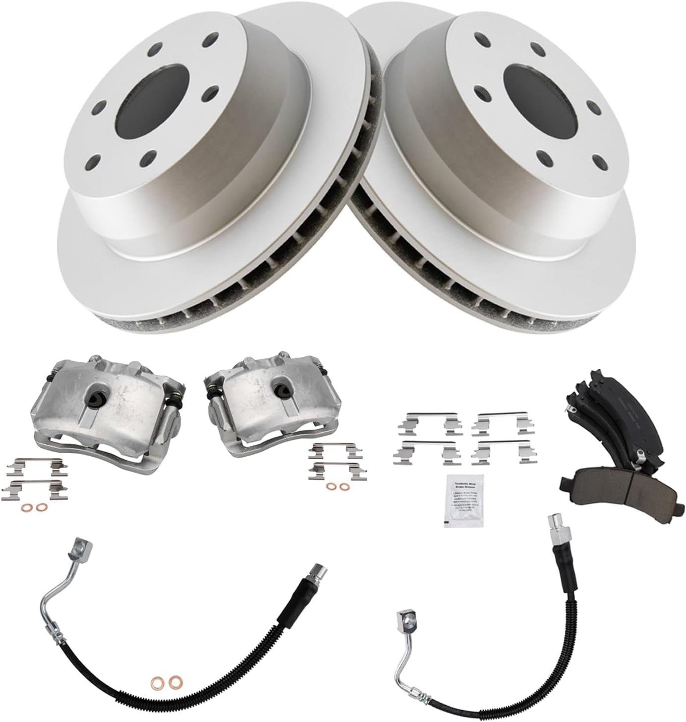 TRQ Rear Brake Pad & Rotor Kit Brake Caliper Brake Hose Brake Pads Brake Rotor Ceramic Premium G-Coated Compatible with 2003-2009 Chevrolet Express 1500 2003-2013 GMC Savana 1500