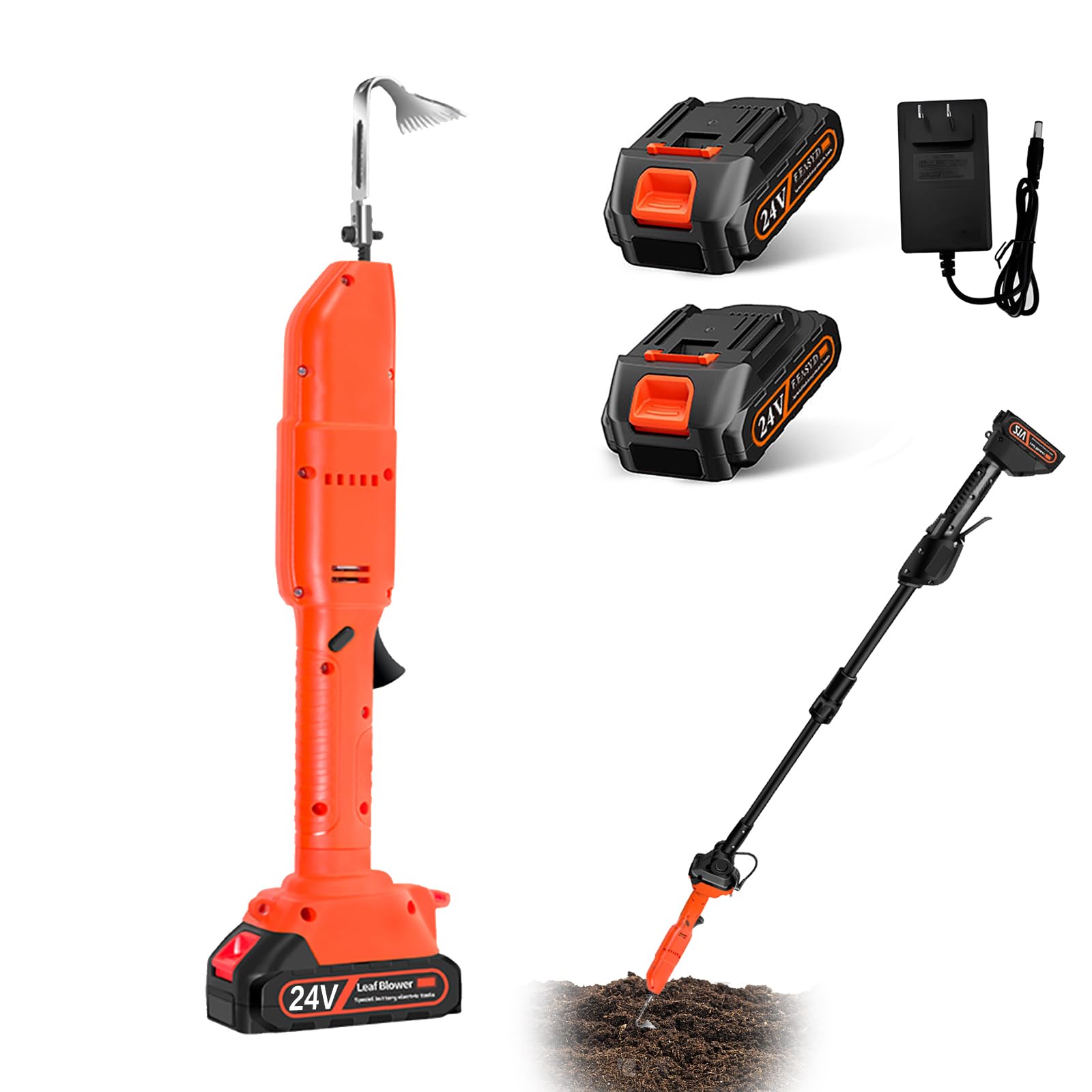 Motozappa Elettrica, 24V Zappatrice Elettrica Zappa Scavo Giardino Per Erbacce Con 2 * 1500Mah Batteria Ricaricabile e Manico da 1,3m, Doppio Interruttore Per Giardino Orto Domestico