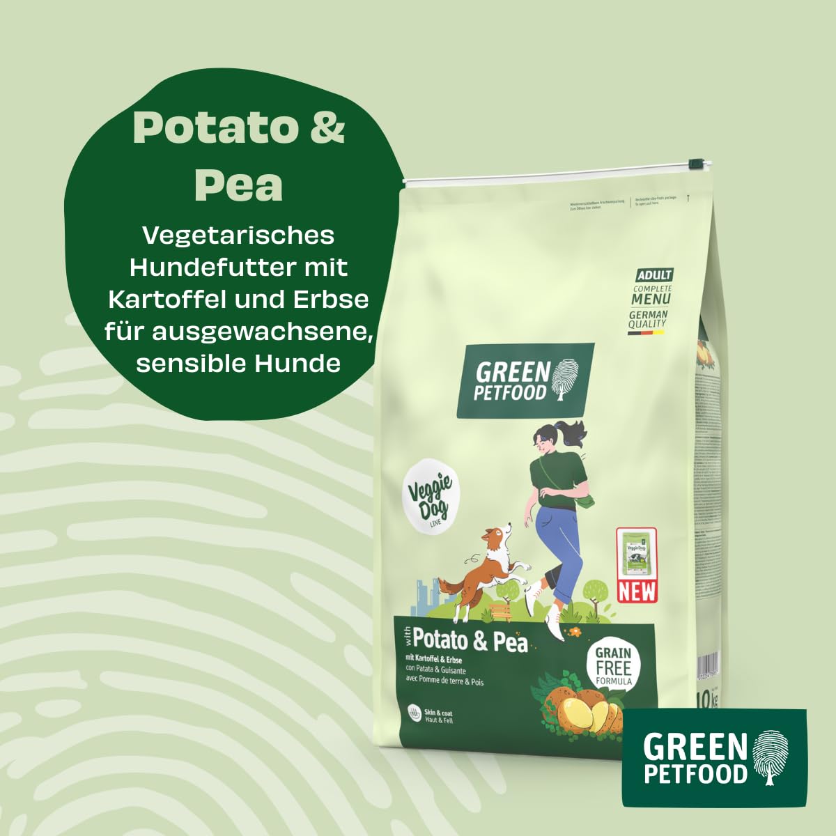Green Petfood VeggieDog mit Kartoffel & Erbse (1 x 10 kg) | Adult | Premium Trockenfutter für ausgewachsene Sensible Hunde | vegetarisch & weizenfrei | mit leckerer Süßkartoffel | 1er Pack