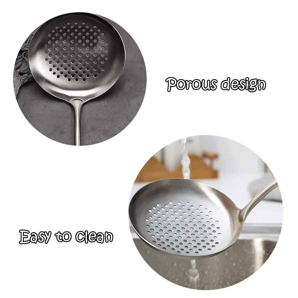 Colador, colador, colador de alimentos de malla de acero inoxidable, cuchara espumadora, cuchara ranurada multiusos con agarre, utensilio de cocina, colador de espumadera de metal, cucharón para coc