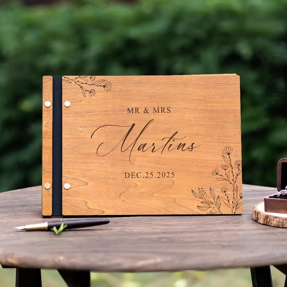 Custom Wedding Guest Book Couple's Story Wooden Couples, Personalised Memory Book Guest Book Album Memory Keepsake for Wedding Anniversary Birthday, 25sheets‌