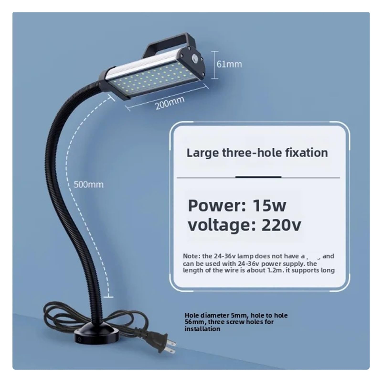 Lampa robocza LED, 15 W, wodoszczelna, odporna na olej tokarka, lampa przemysłowa do przemysłowej prasy tłoczącej/stołu warsztatowego (15 W, 220 V, 3 otwory)