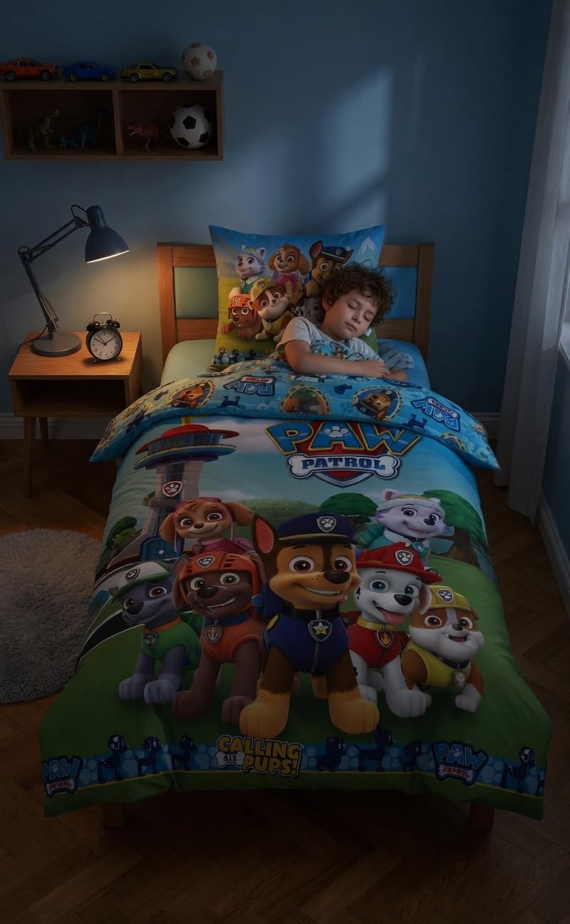Paw Patrol Carbotex Bettwäsche Calling All Pups – Bettbezug 140 x 200 cm + Kissenbezug 65 x 65 cm | Wendebettwäsche Einzelbett | Naturbaumwolle atmungsaktiv | Nickelodeon | Kinder | Geschenk | Maschinenwaschbar