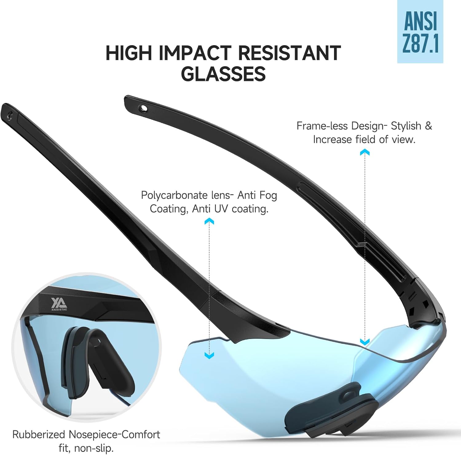 xaegistac Safety Glasses-Anti Fog Shooting Glasses, Wide field of View, Soft Nose Pad for Shooting, Hunting, Airsoft Outdoors