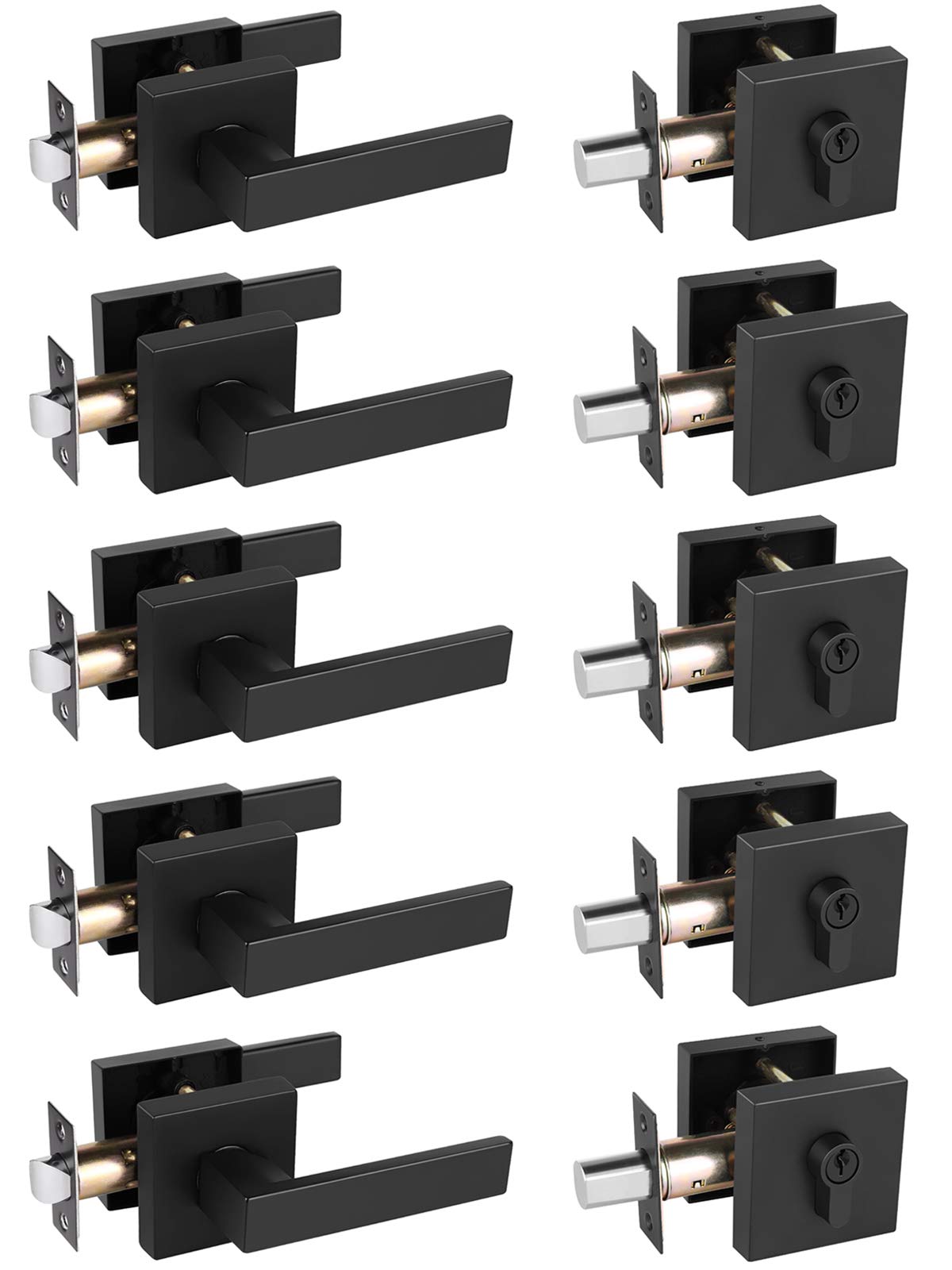home improvement direct Keyed Entry Door Lockset with Deadbolt, Reversible Passage Lever and Keyed Alike Double Cylinder Deadbolt, Matte Black Square Handleset for Bedroom, Front Door 5 Pack