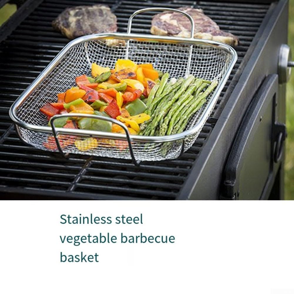 For Homi Styes - Griglia per verdure in acciaio inox, resistente, vassoio in rete per barbecue per cucinare all'aperto, grigliare carne, frutti di mare, lunga durata, argento, 38 x 28 cm