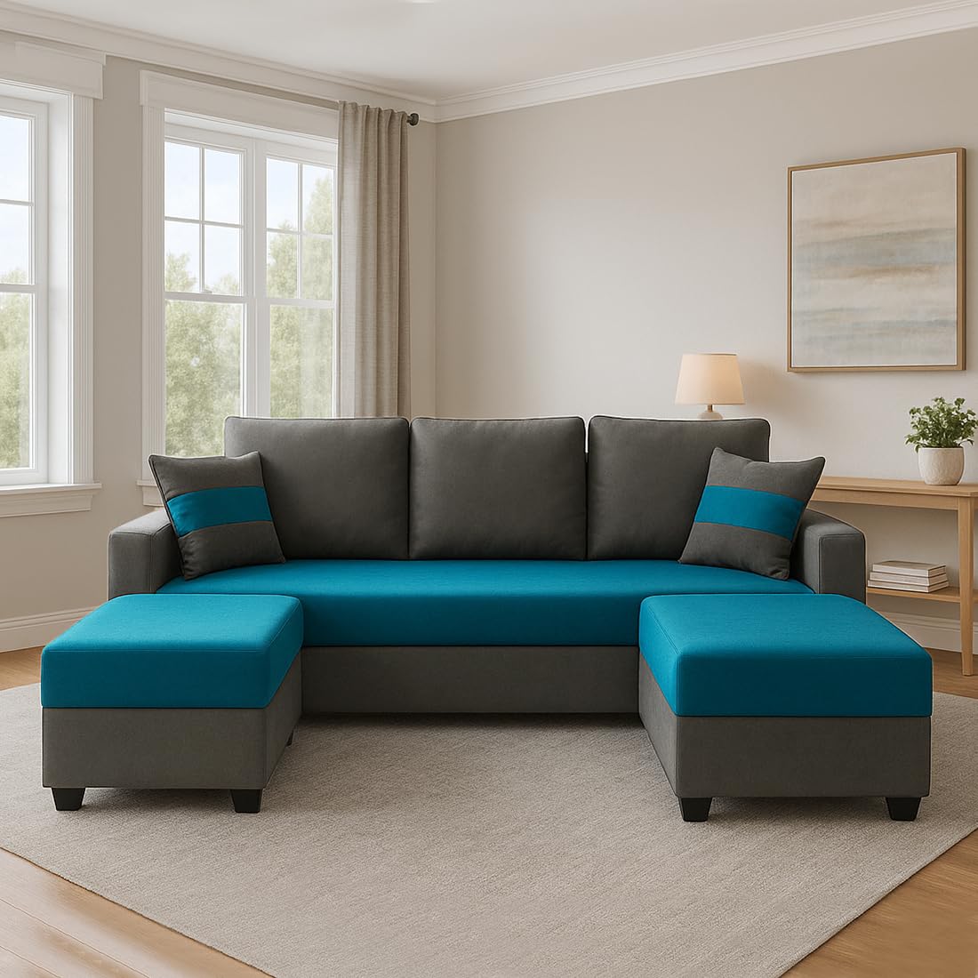 FURNY Aura 3 Seater Modular Fabric Sofa Set with 2 Ottomans (Aqua Blue-Dark Grey) | 5-Person Seating with Premium Velvet Finish | | Ideal for Living Room