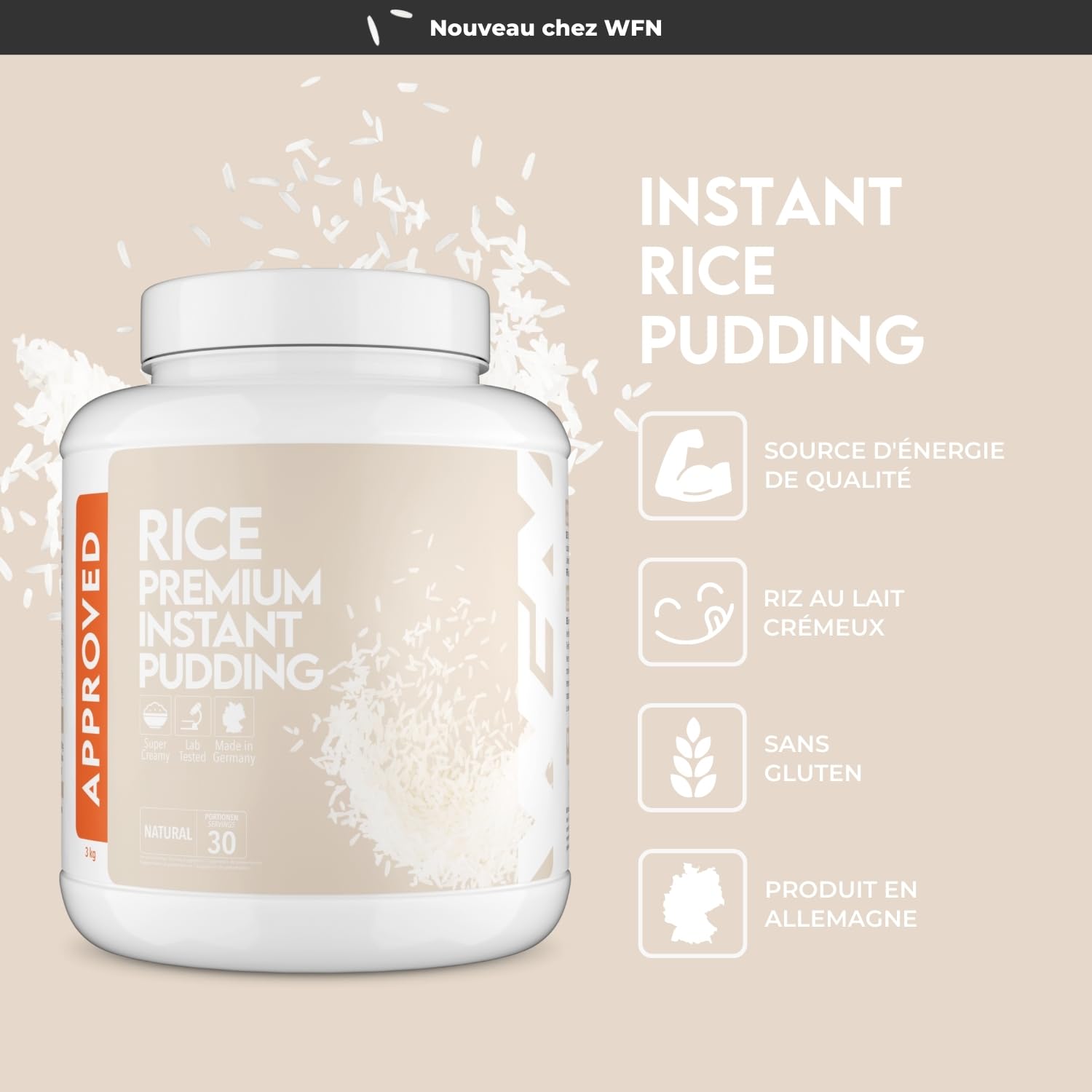 WFN Approved Rice - Creme de riz - Goût naturel - 3kg - Instantané et sans additif - Produit & testé en laboratoire en Allemagne