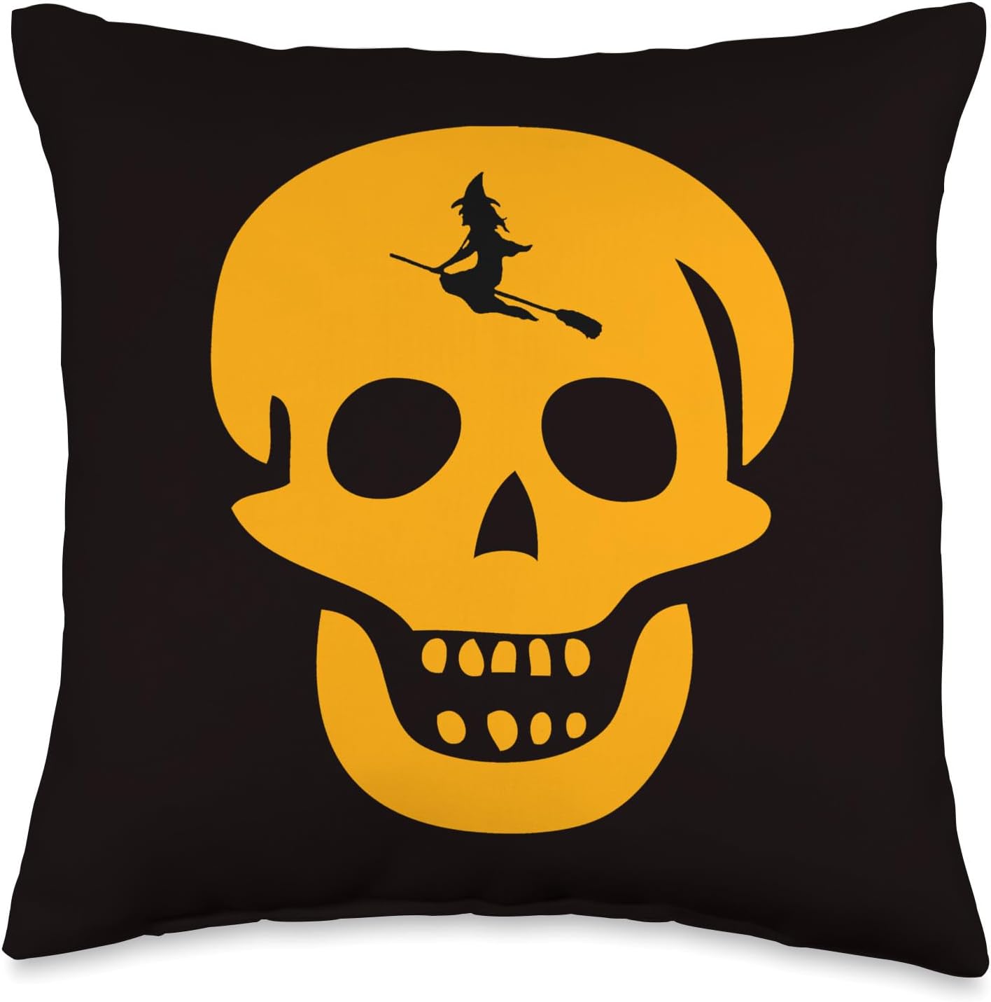 Crazy Orange Halloween Skull with Witch Throw Pillow