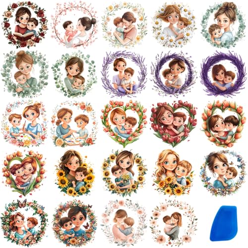 Image of ZMRU 24 Sheets Vintage Mom Rub On Transfers for Crafts, Cold IOD Transfers Stickers for Wood，Furniture Decals, Glass, Porcelain, Leather, Canvas, Fabric Projects,3 * 3inch(Surrounded by Mom)