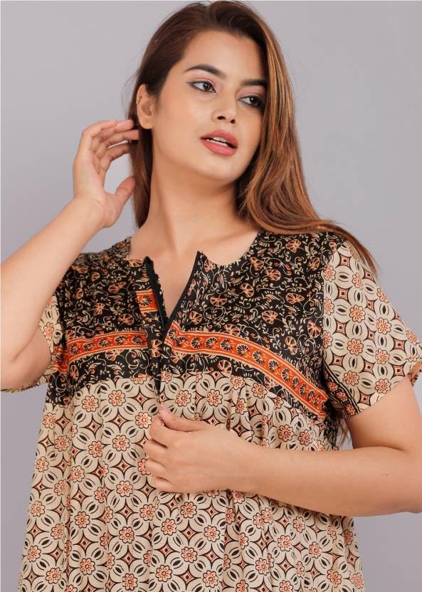 Image of Women Flower Printed Casual Wear Cotton Nighty - Gown-MFNT5014