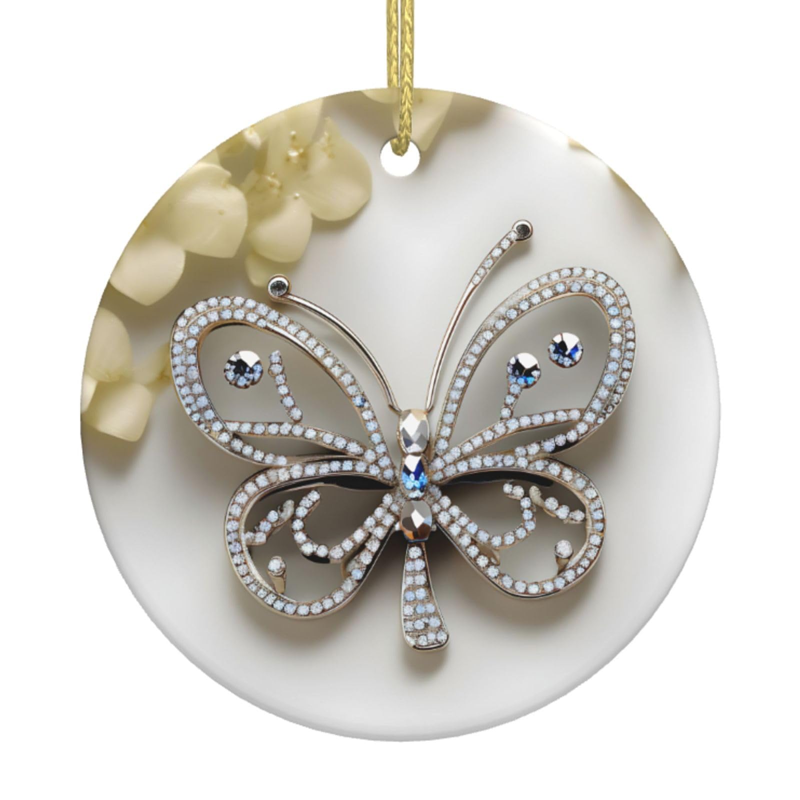 Rhinestone Butterfly And Flower Print Christmas Ornaments, Ceramic Hanging Ornament, Round Shape Decorations