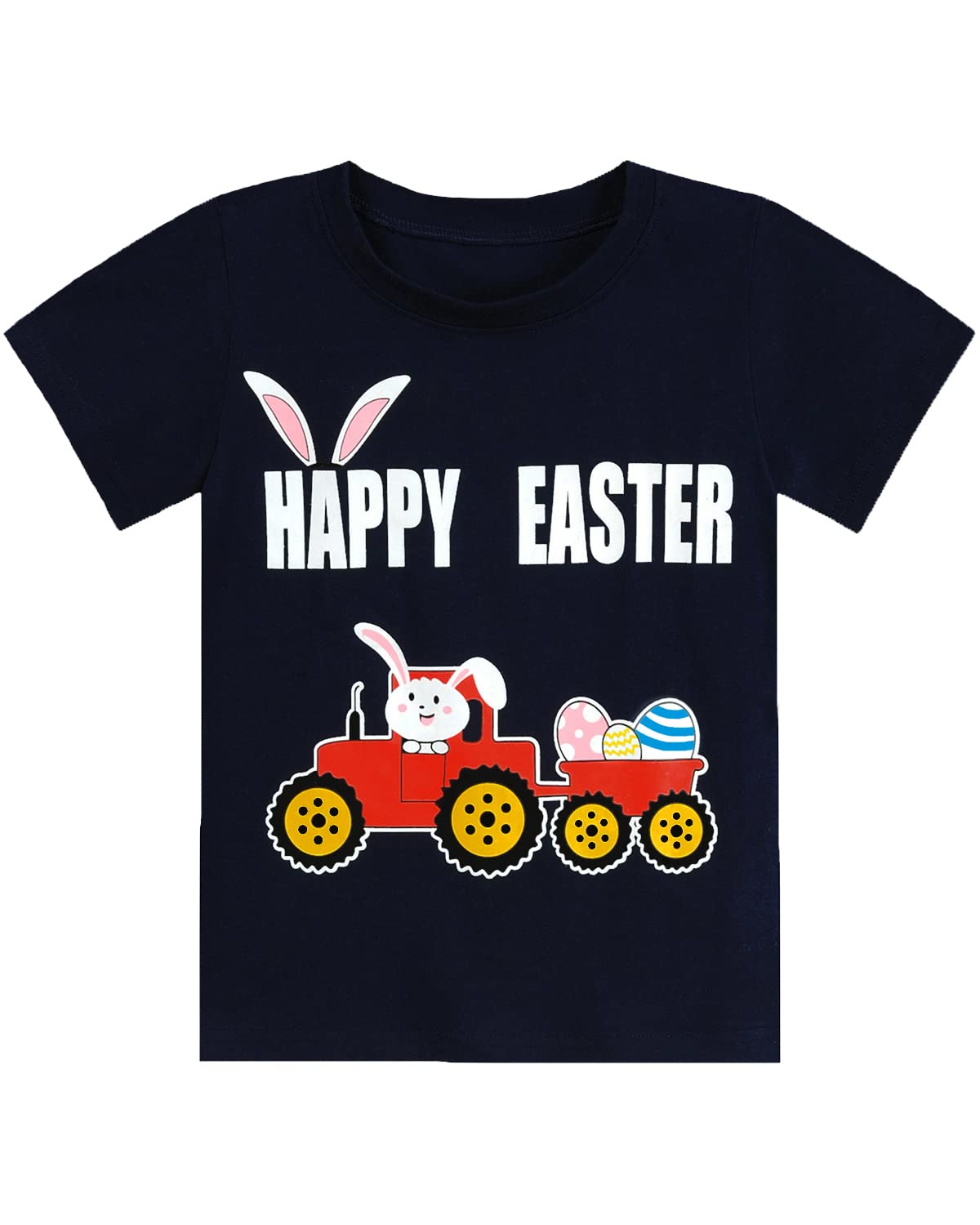 CM-Kid Easter Shirts for Toddler Boy Short Sleeve Tractor Train Bunny Tshirt for Kids Cotton Tee Tops 2-7 Years