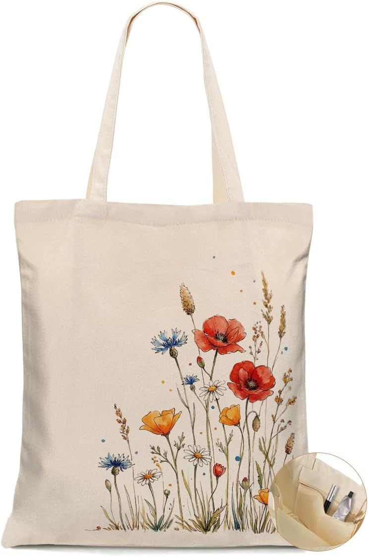 Decohim Watercolor Floral Canvas Tote Bag, Shoulder Bag with Pocket for Women Sister Birthday Christmas