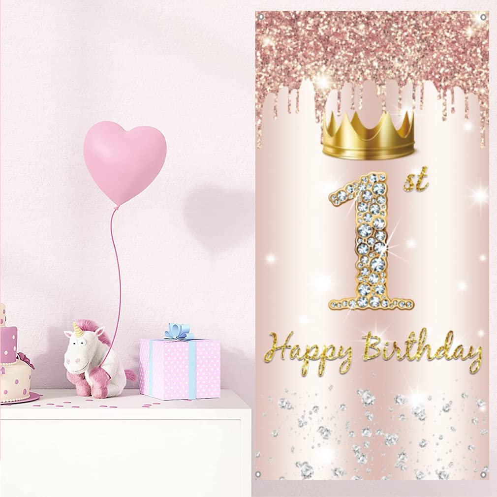 Striscione 1° Compleanno Ragazza - Poster In Vinile Rosa Oro, 120x80 Cm, Con Occhielli, Scritta 'Happy 1st Birthday'