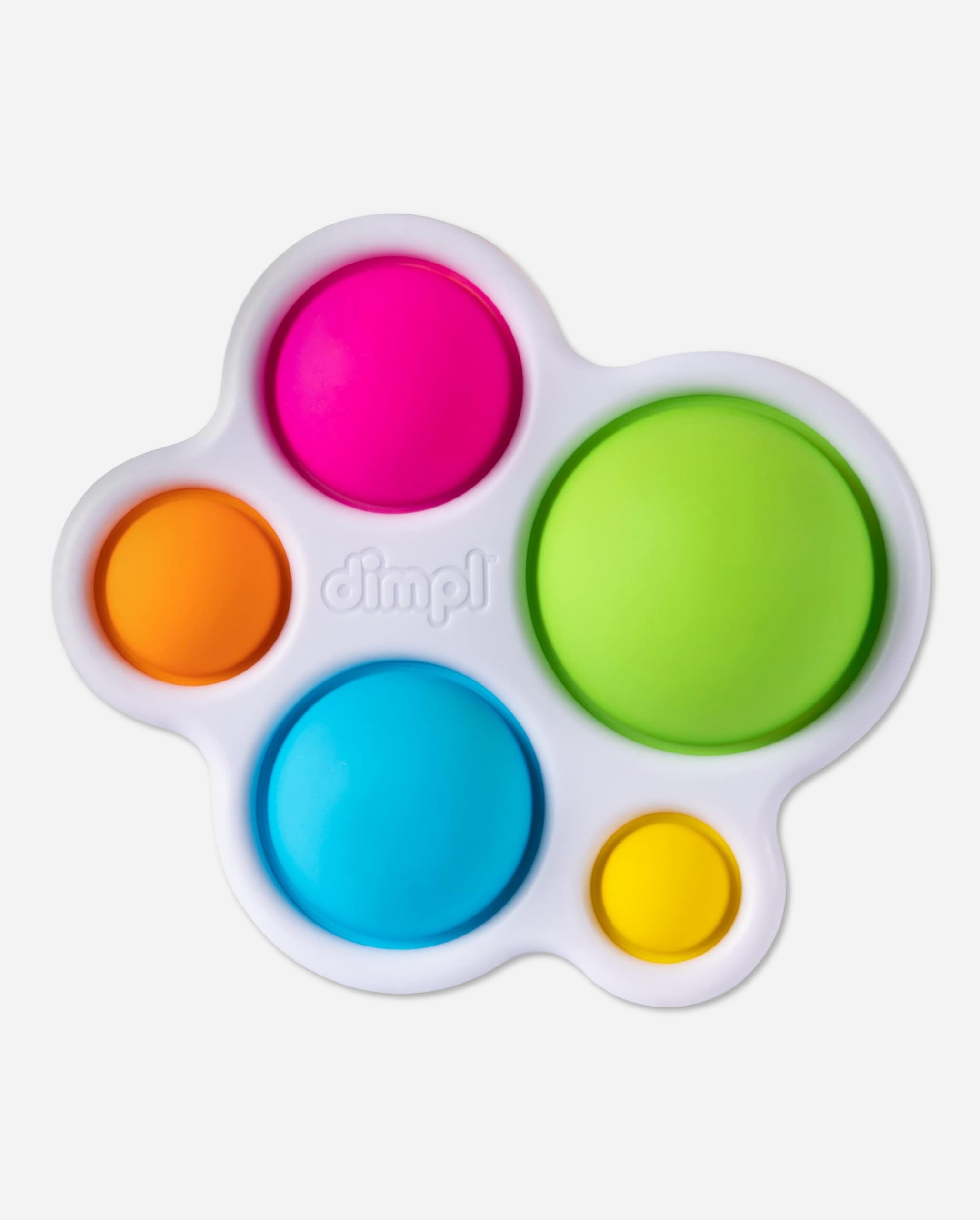 Fat Brain Toys Dimpl with five colorful silicone bubbles in a white plastic frame