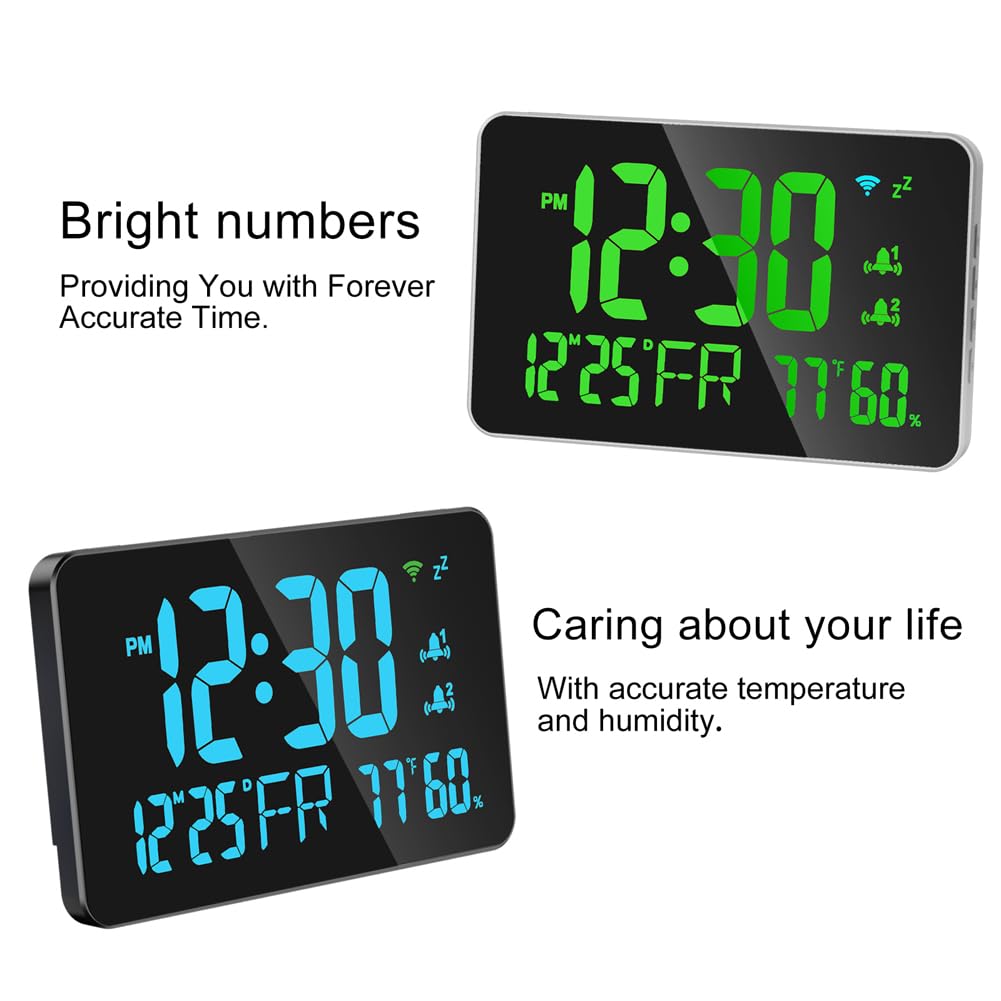 Sonew WiFi - Reloj de escritorio con calendario inteligente, termómetro higrómetro con pantalla LED digital, conexión WiFi, brillo ajustable, visualización remota vía