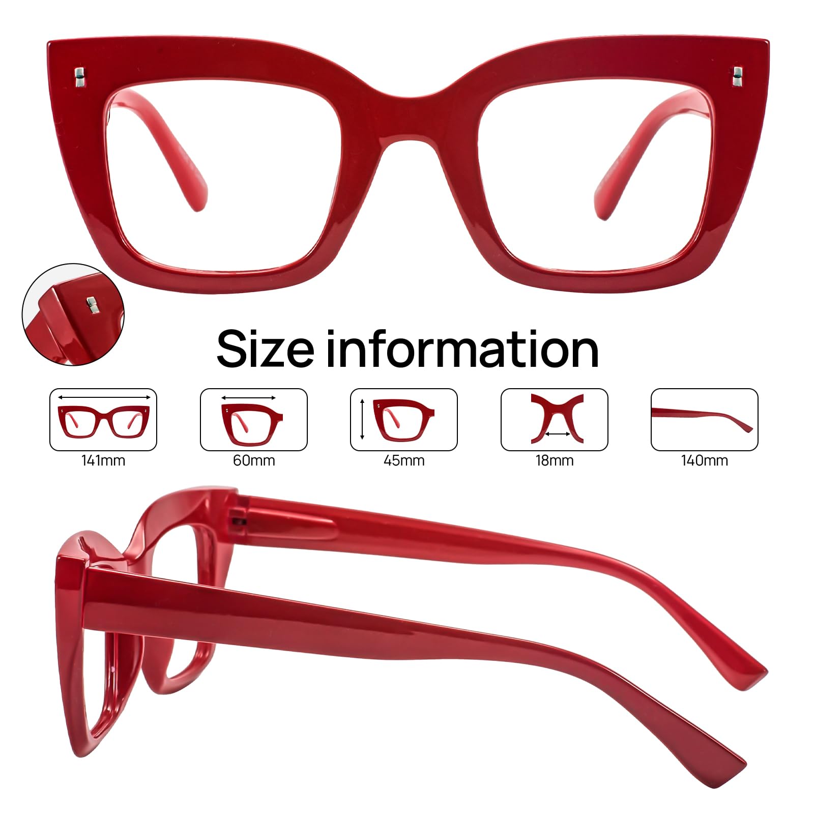 OCCI CHIARI Butterfly Women's Reading Glasses 0.0, Thick Frame Blue Light Blocking Glasses for Women Spring Hinge (Red) - Image 4