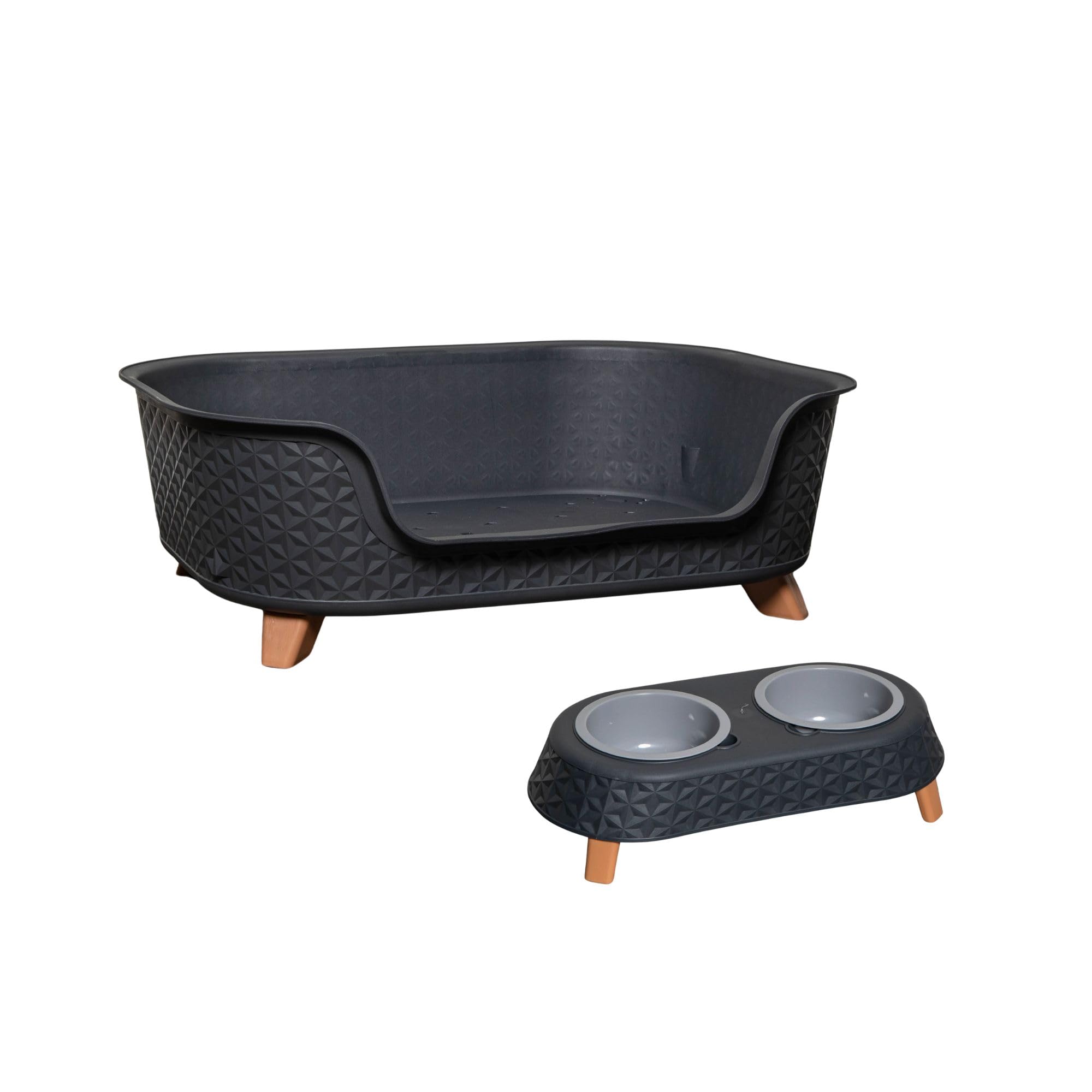 Samuel ALEXANDER 77cm x 58cm Grey Plastic Raised Pet Basket with Legs and Grey Plastic Double Pet Bowl Feeder with Stand Set