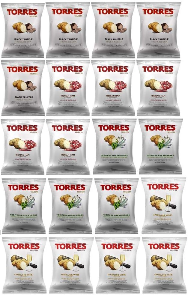 Torres Spanish Papas Fritas Potato Chips 4 Flavor Variety Pack Black Truffle, Mediterranean Herb, Sparkling Wine, Iberico Ham (20)