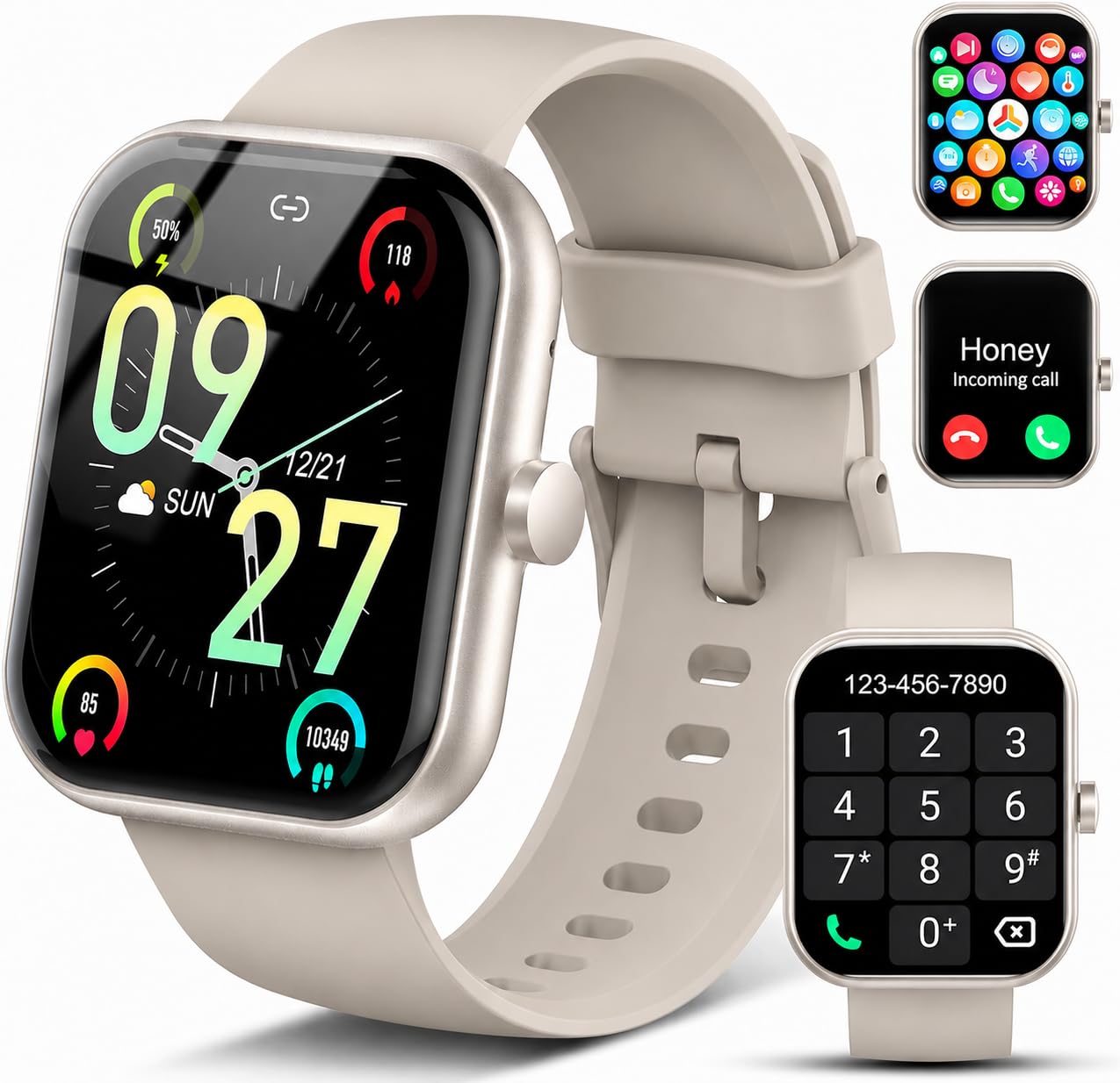 Smart Watch for Men Women (Answer/Make Call), 1.83" HD Touchscreen Fitness Tracker, 110+ Sport Modes, Fitness Watch with Heart Rate/Sleep Monitor/Step, Waterproof Smartwatch for Android,Silver Beige