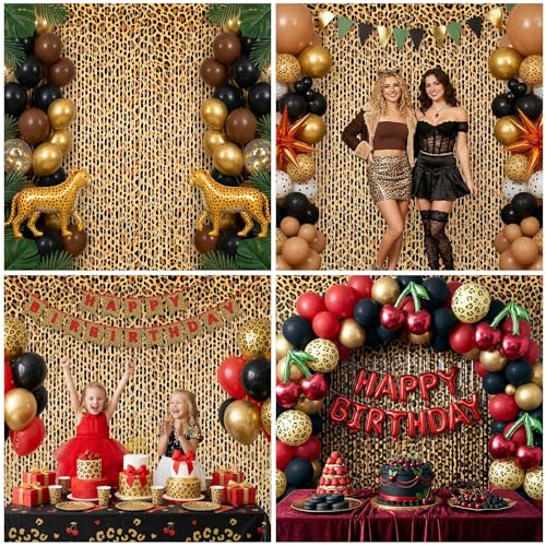 Image of 2 Packs Cheetah Prin Foil Fringe Curtain, Leopard Print Glitter Metallic Tinsel Backdrop for Birthday, Baby Shower, Jungle Safari Bachelorette Photo Booth Props Animal Party Decorations Favor Supplies