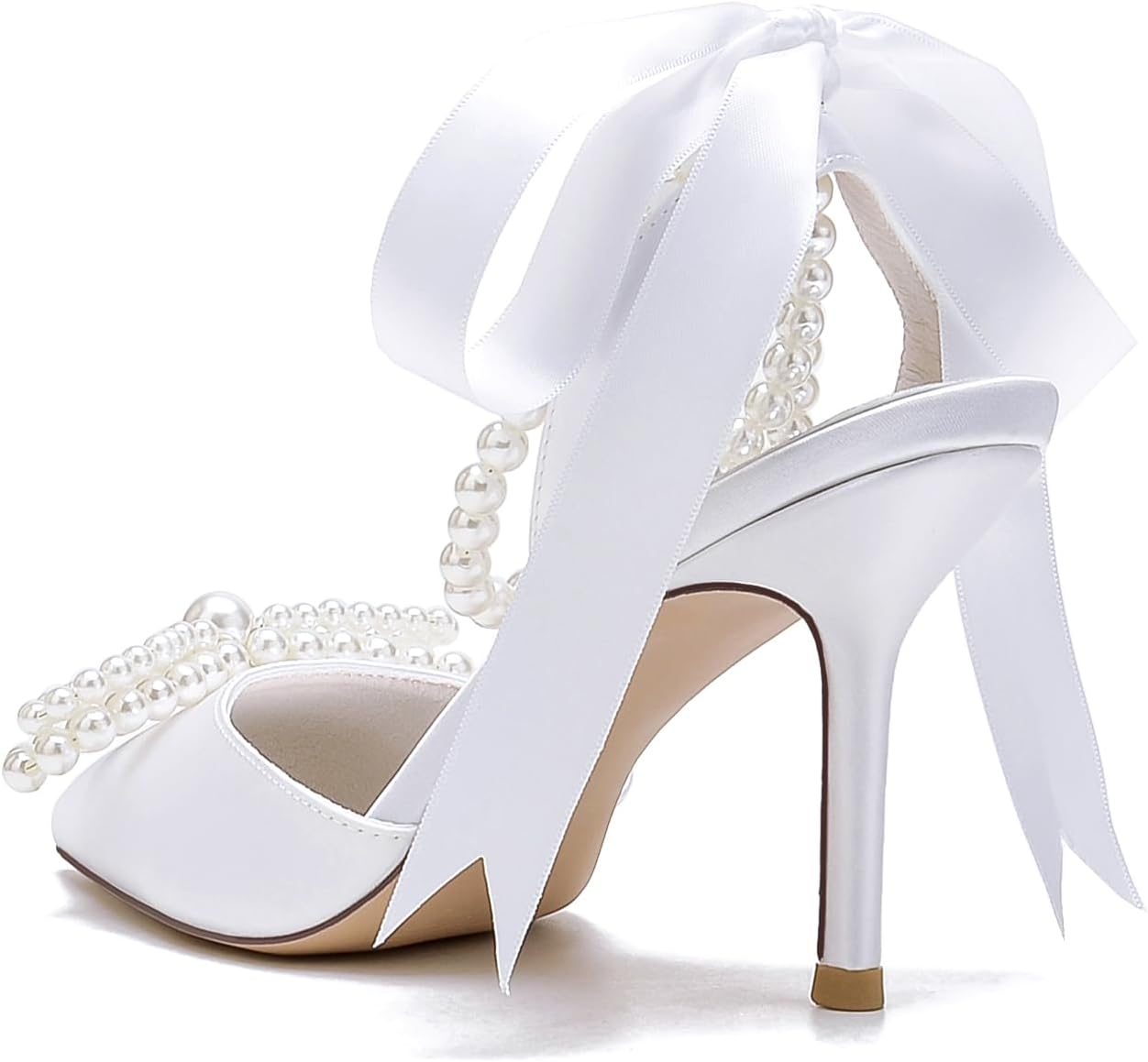 Women's Wedding Shoes Pearls Pointed Toe High Heels Ankle Strap Pumps Bridal Party Work Dress Shoes Sandals