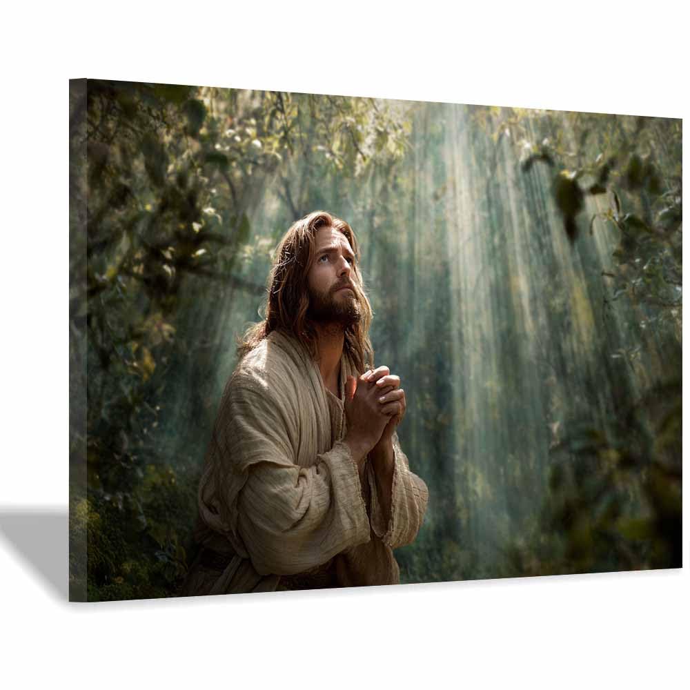 ZAMAEIU Jesus Canvas Wall Art Praying in thes forests large mural decoration,Catholic home decor for Church Office Living Room Bathroom Inspiration Room(green0)-30x50cm Framed