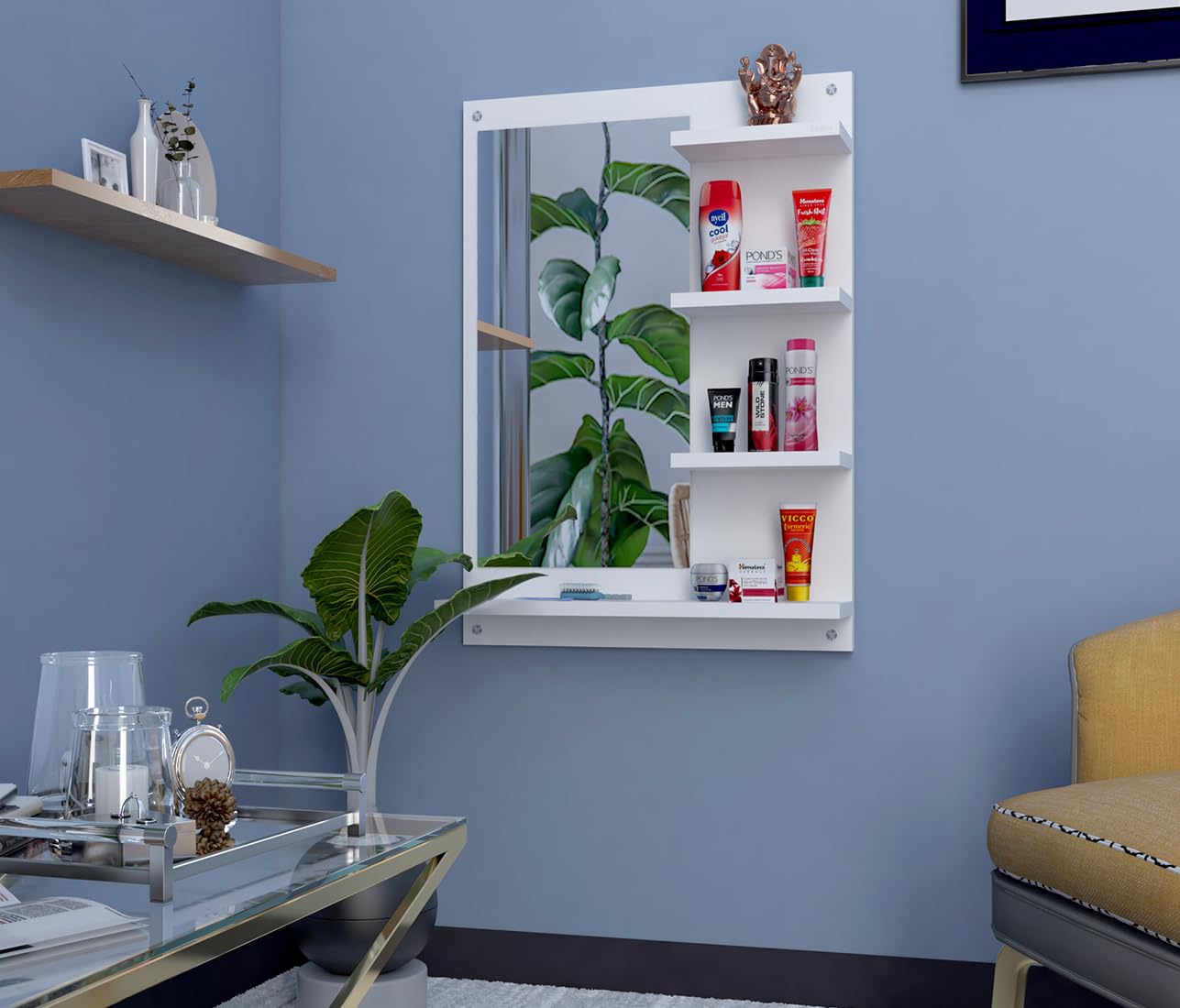 Mini Albert Wooden Wall Mounted Dressing Table with Mirror, 4 Storage Shelves, Matte White, 70x50 cm I Living Room Bedroom Bathroom Makeup Rectangle Rack Antique Organizer-image-29