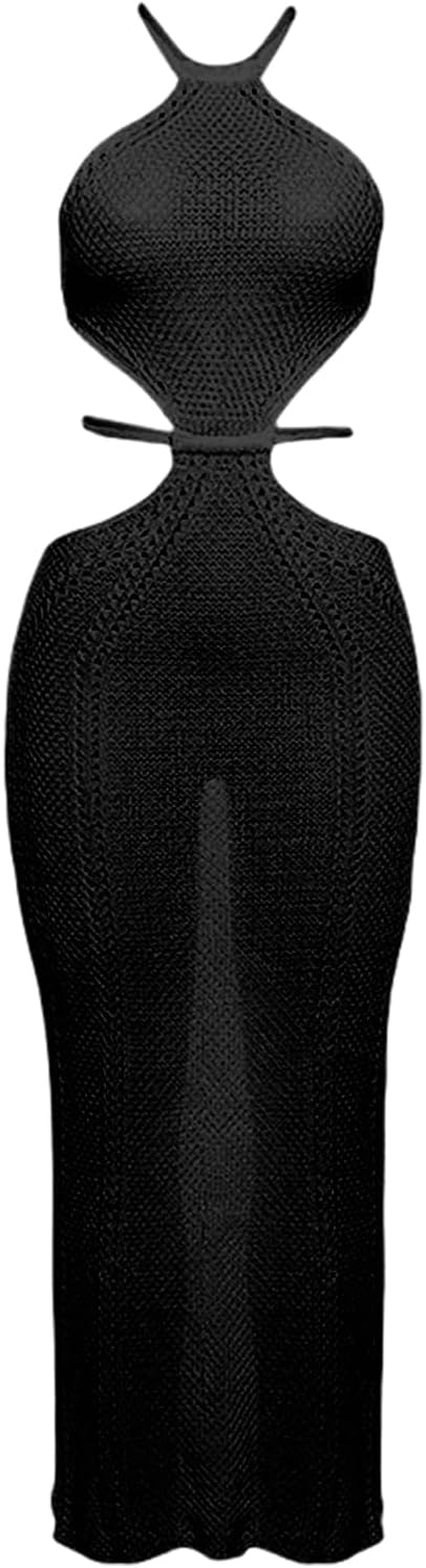 BOLLEY JOSS Women Crochet Knit Bodycon Maxi Dress Sexy Cut Out Waist Halter Backless Coverup Long Dress Open Back Sundresses - Image 7