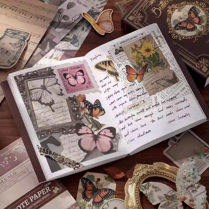 Image of VOTDOT Paper Junk Journal & Scrapbook Kit, Scrapbooking Supplies Kit with Creative Decor Journaling Supplies, Stationery, Stickers, A6 Grid Notebook with Graph Ruled Page Gift for Girl (Harry Potter Butterfly Brown)